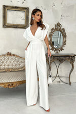 Bicotone Wide-Leg Flared Sleeve Belted Jumpsuit