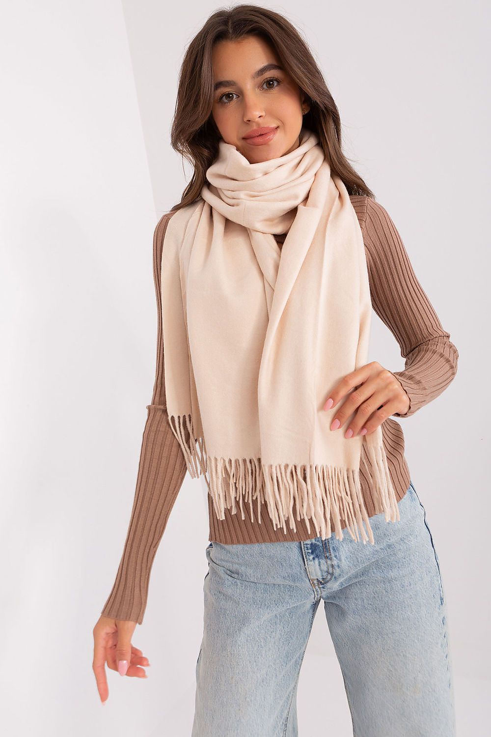 AT Warm Tassel Winter Shawl Scarf beige one-size-fits-all