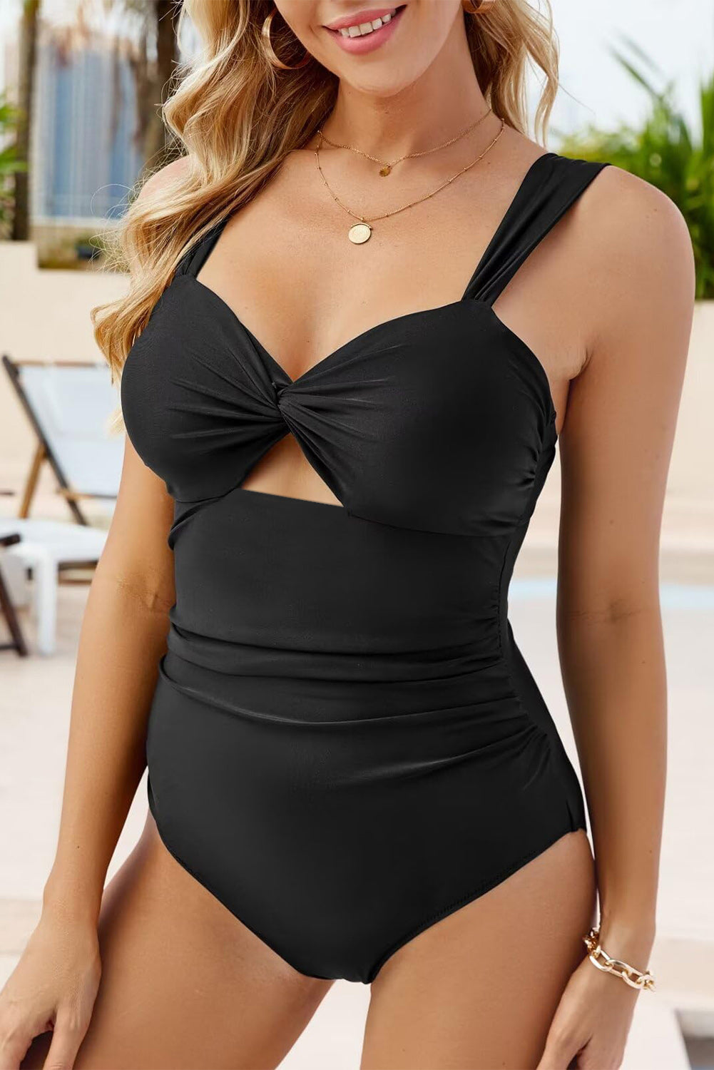 Cut Out Twist Bowknot Backless One Piece Swimsuit Black 82%Polyamide+18%Elastane