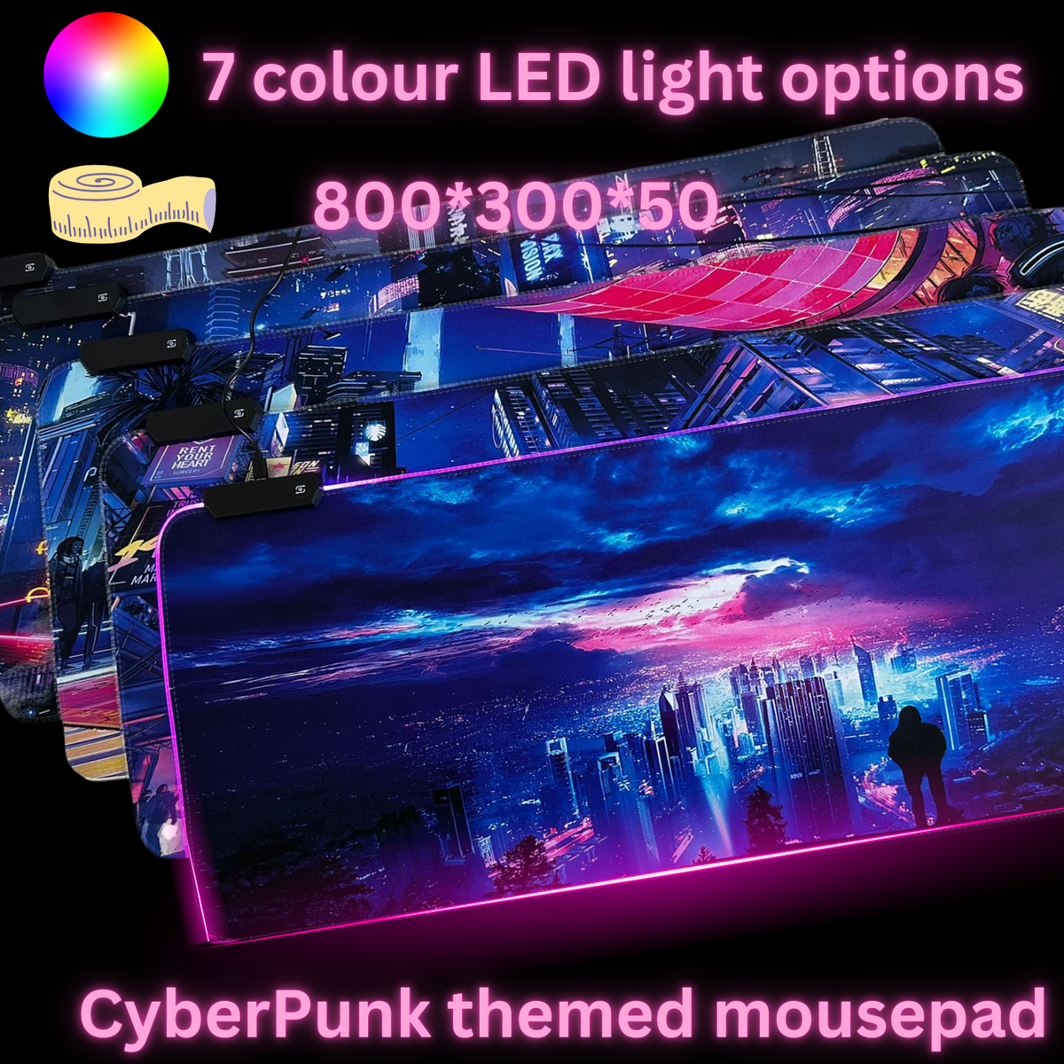 Cyberpunk Night City Dystopian DS5 LED Mouse Mat Mouse Pad 7 led lights smooth surface