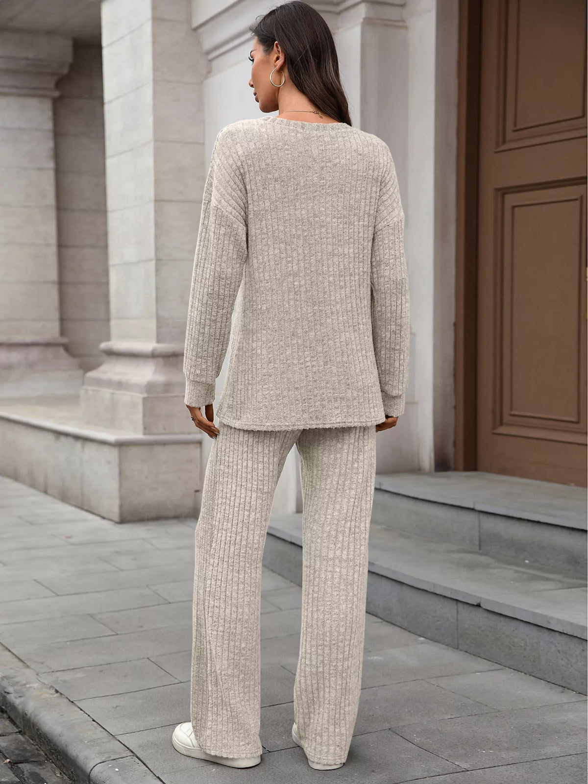 Ribbed Round Neck Top and Pants Two-piece Loungewear Set