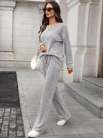 Ribbed Round Neck Top and Pants Two-piece Loungewear Set