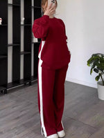 Full Size Contrast Round Neck Top and Pants Loungewear Set Burgundy