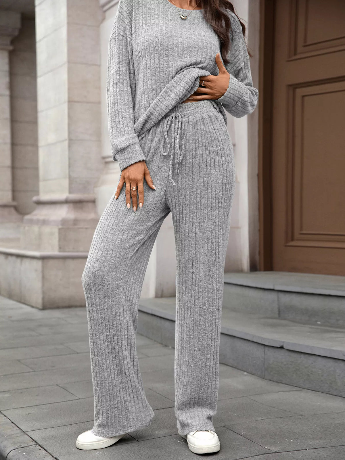 Ribbed Round Neck Top and Pants Two-piece Loungewear Set Light Gray