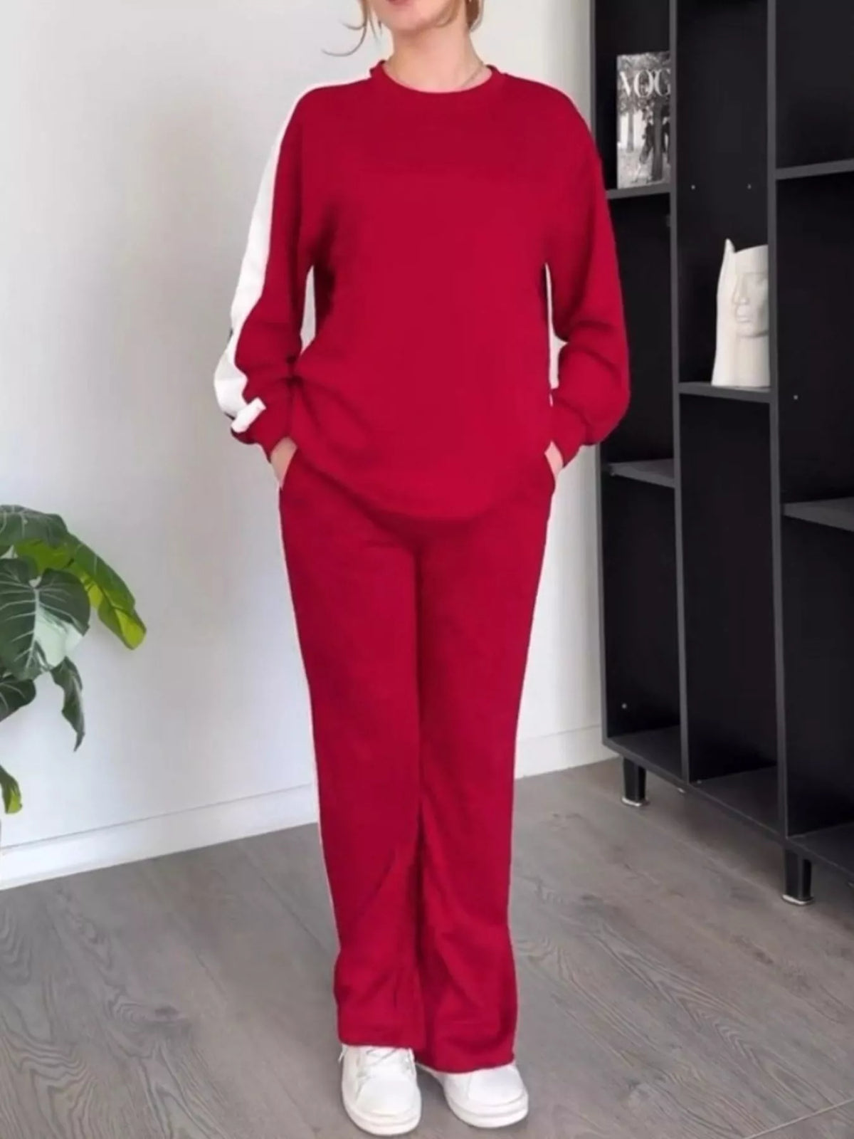 Full Size Contrast Round Neck Top and Pants Loungewear Set Red