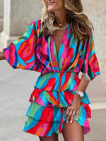 Dolman Sleeve V-neck Boho Print Irregular Ruffle Hem Dress Multicolor 1