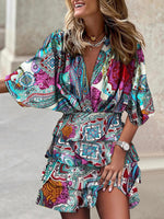 Dolman Sleeve V-neck Boho Print Irregular Ruffle Hem Dress Multicolor 3