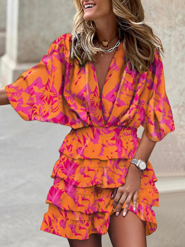 Dolman Sleeve V-neck Boho Print Irregular Ruffle Hem Dress Orange & Pink