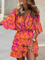 Dolman Sleeve V-neck Boho Print Irregular Ruffle Hem Dress Orange & Pink