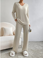 Ribbed Knit V-Neck Top and Pants Loungewear Set Tan