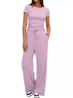 Round Neck Short Sleeve T-Shirt and Pants Two-piece Loungewear Set Pink
