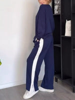 Full Size Contrast Round Neck Top and Pants Loungewear Set