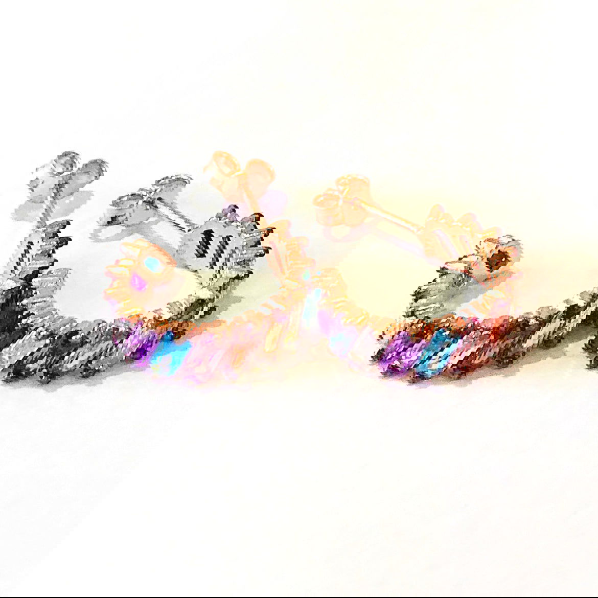 Earrings with Diagonal Cut Rainbow Coloured Stones Rose Gold Plated Silver Medium Rainbow