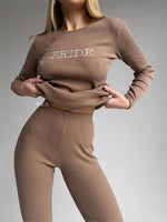 EASE Personalised Two Piece Ribbed Cotton Loungewear Set Brown