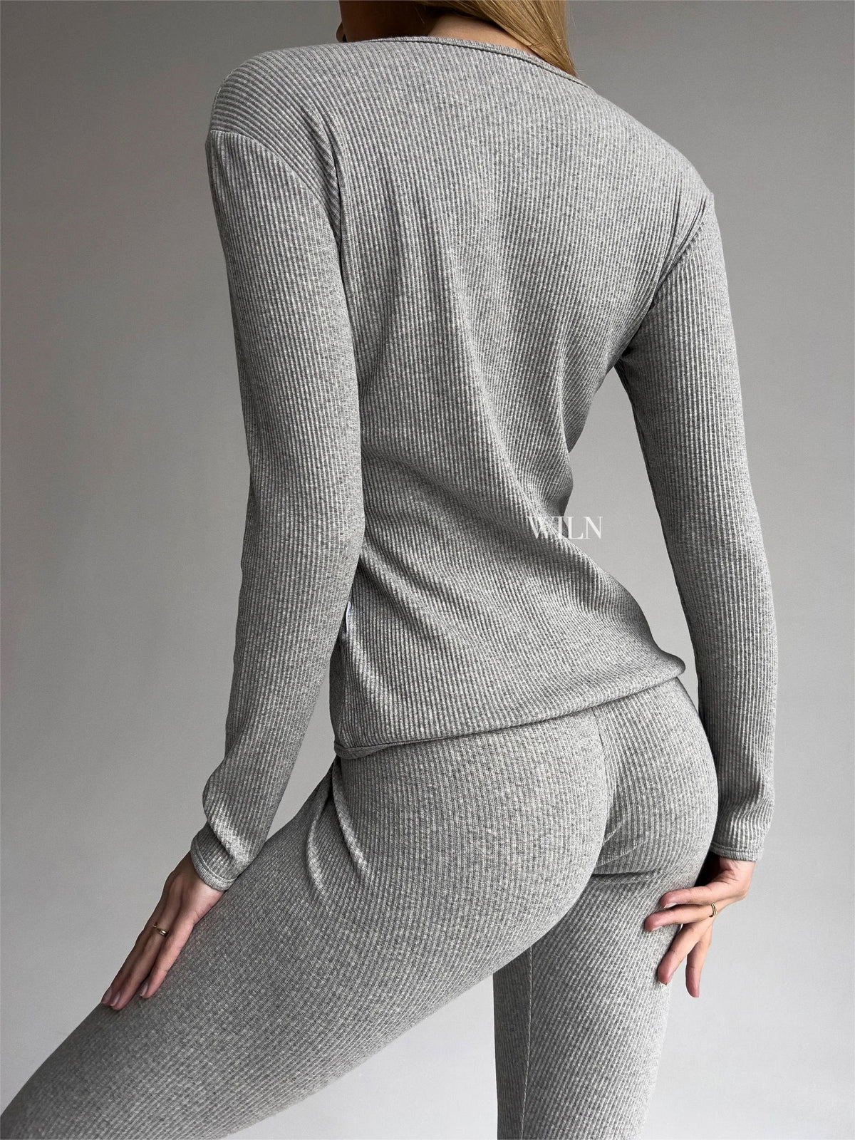EASE Personalised Two Piece Ribbed Cotton Loungewear Set Grey