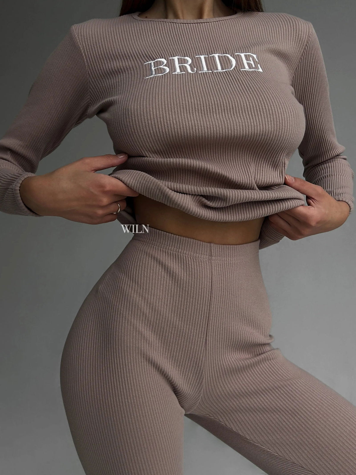 EASE Personalised 2 Piece Ribbed Cotton Loungewear Set Mocha Brown