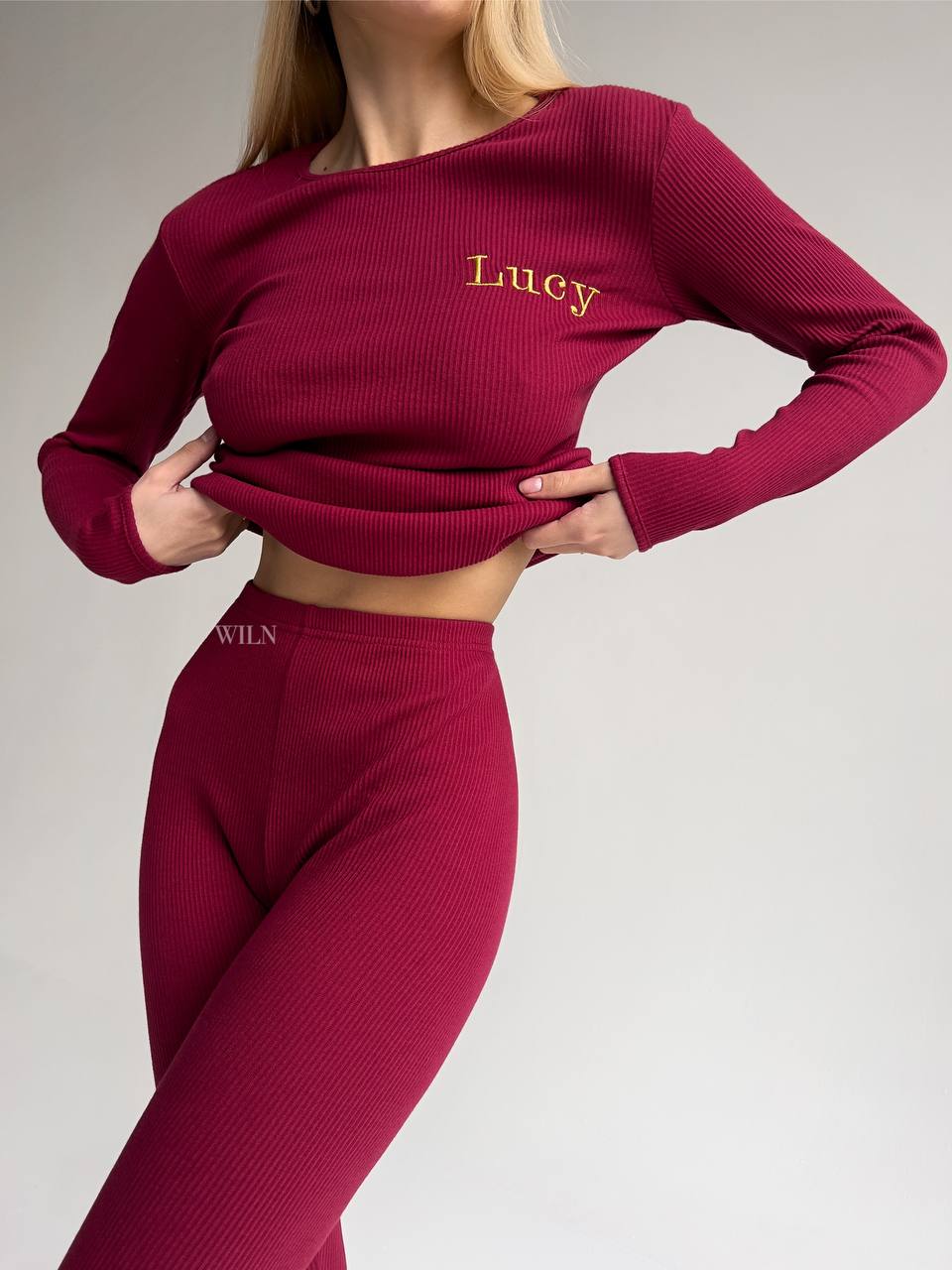 EASE Claret Red Personalised Two Piece Ribbed Cotton Ladies Loungewear Set