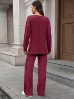 Ribbed Round Neck Top and Pants Two-piece Loungewear Set
