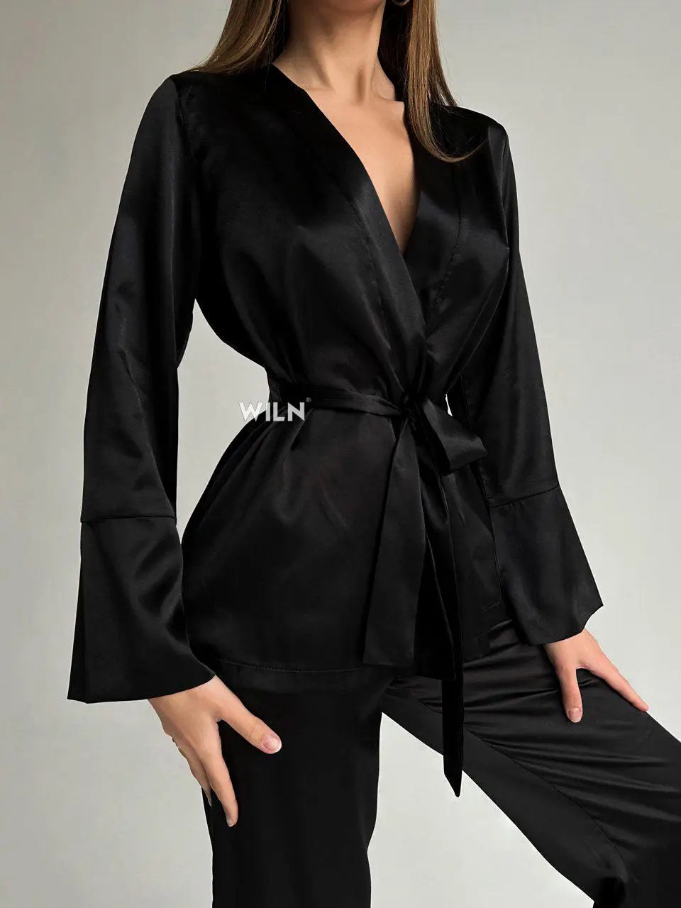 ELEGANCE Black 2 Piece Tie Waist Satin Loungewear Set