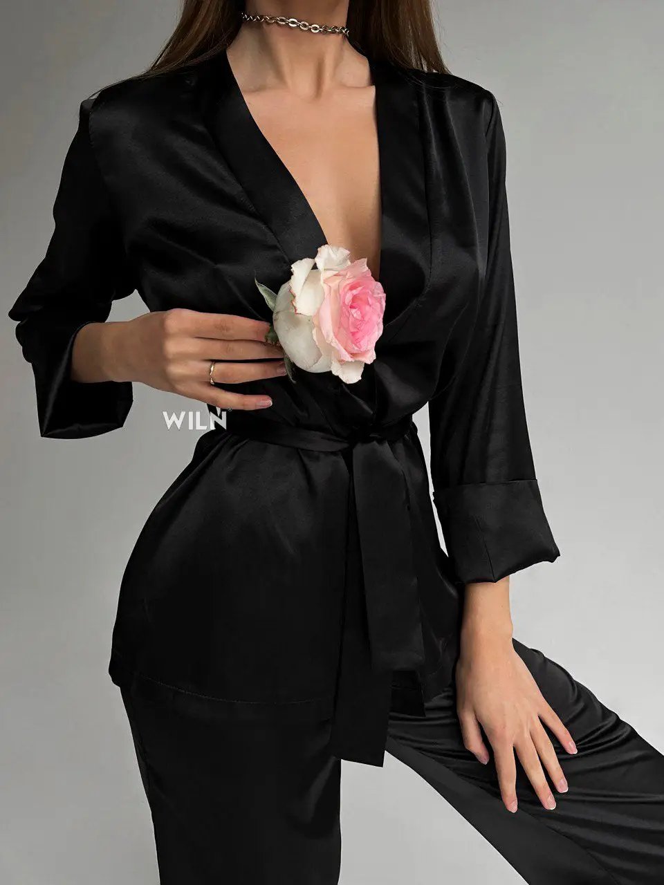ELEGANCE Black 2 Piece Tie Waist Satin Loungewear Set
