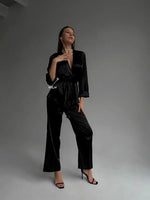 ELEGANCE Black 2 Piece Tie Waist Satin Loungewear Set Black