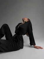 ELEGANCE Black 2 Piece Tie Waist Satin Loungewear Set