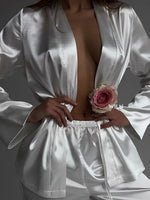 ELEGANCE White 2 Piece Tie Waist Satin Loungewear Set