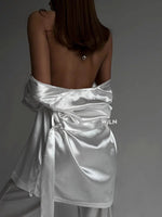 ELEGANCE White 2 Piece Tie Waist Satin Loungewear Set White
