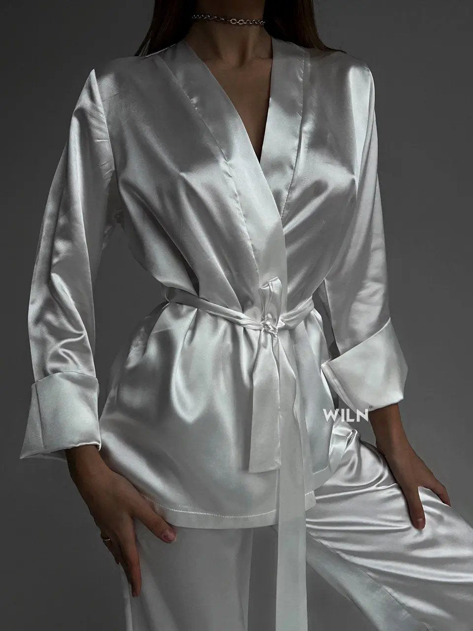ELEGANCE White 2 Piece Tie Waist Satin Loungewear Set