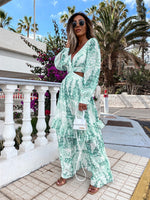 Elegant Women's Cut-out V-neck Long-sleeved Spring Summer Print V-neck Chiffon Maxi Dress Green