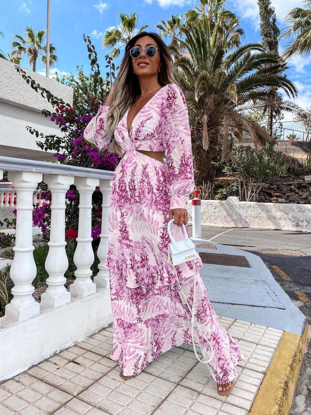 Elegant Women's Cut-out V-neck Long-sleeved Spring Summer Print V-neck Chiffon Maxi Dress Pink