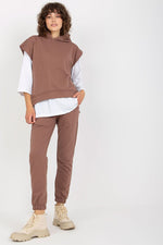 Ex Moda Loungewear Set with Blouse, Hooded Sweatshirt, and Tie-Waist Pants brown one-size-fits-all