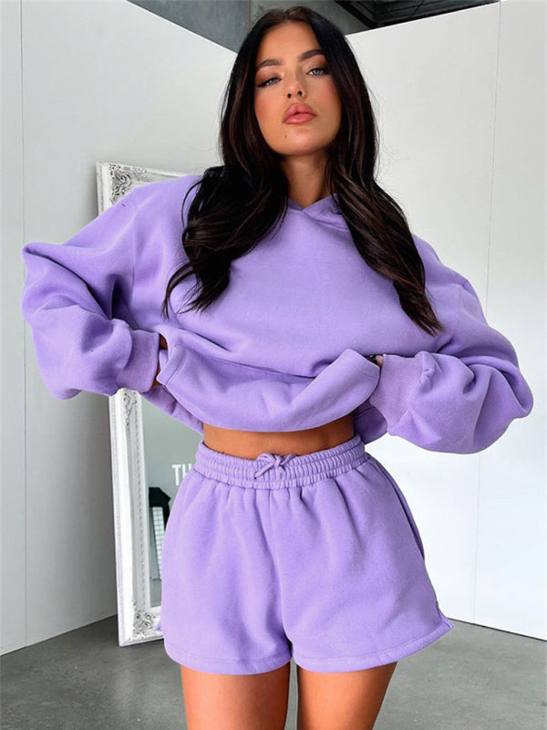 Fashion Loose Colour Sweatshirt Shorts & Top Loungewear Set Purple