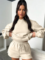 Fashion Loose Colour Sweatshirt Shorts & Top Loungewear Set Beige