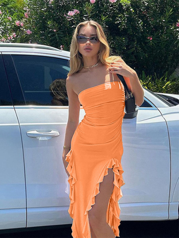 Fashion Sexy Tube Irregular Hem Dress Orange Red