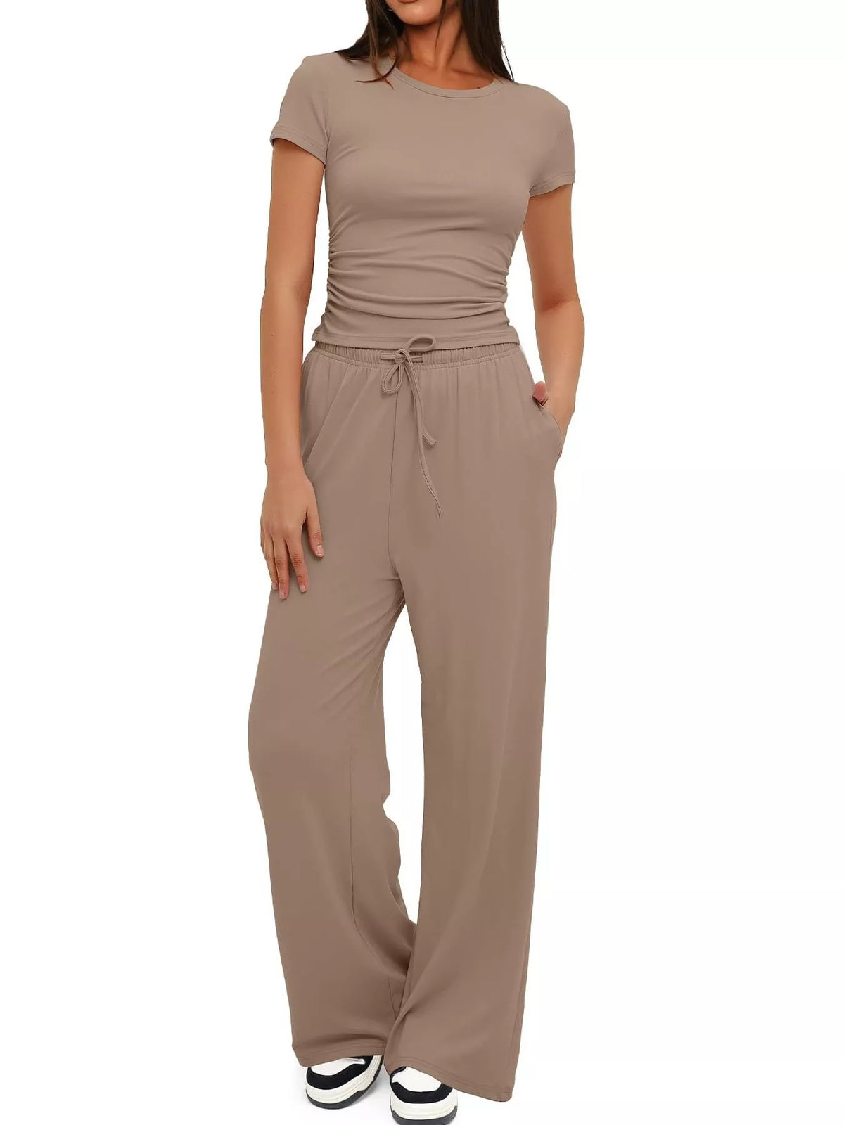 Round Neck Short Sleeve T-Shirt and Pants Two-piece Loungewear Set Khaki
