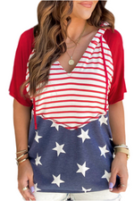Fiery Red Stars and Stripes Print Drawstring Hooded T Shirt