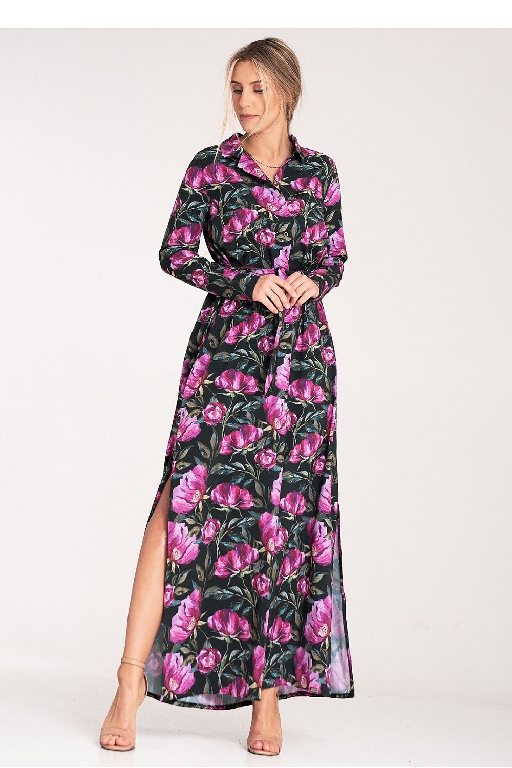 Figl Buttoned Maxi Daydress with Long Sleeves and Narrow Belt multicolor
