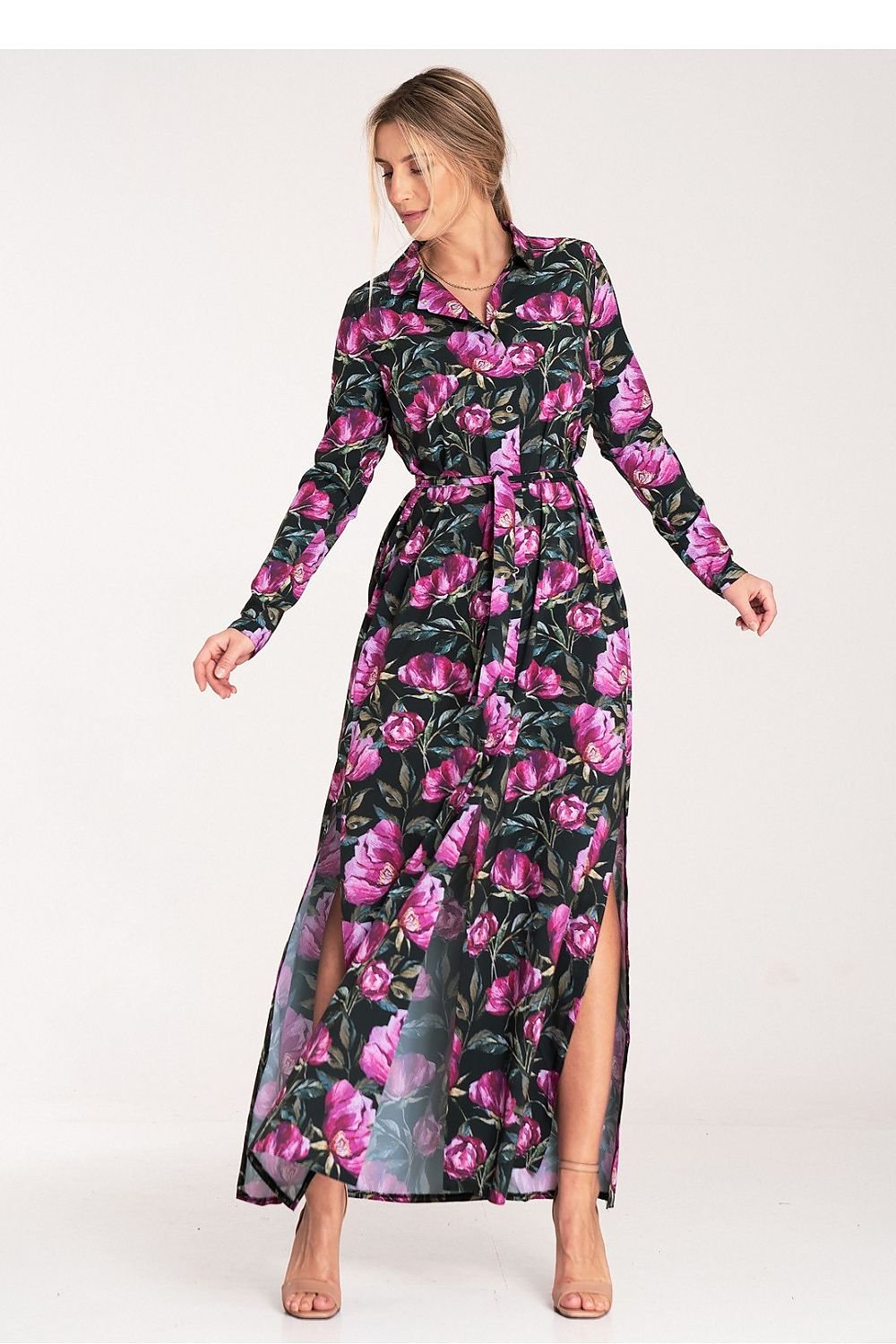 Figl Buttoned Maxi Daydress with Long Sleeves and Narrow Belt