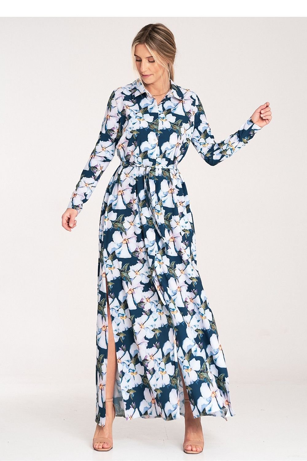 Figl Buttoned Maxi Daydress with Long Sleeves and Narrow Belt