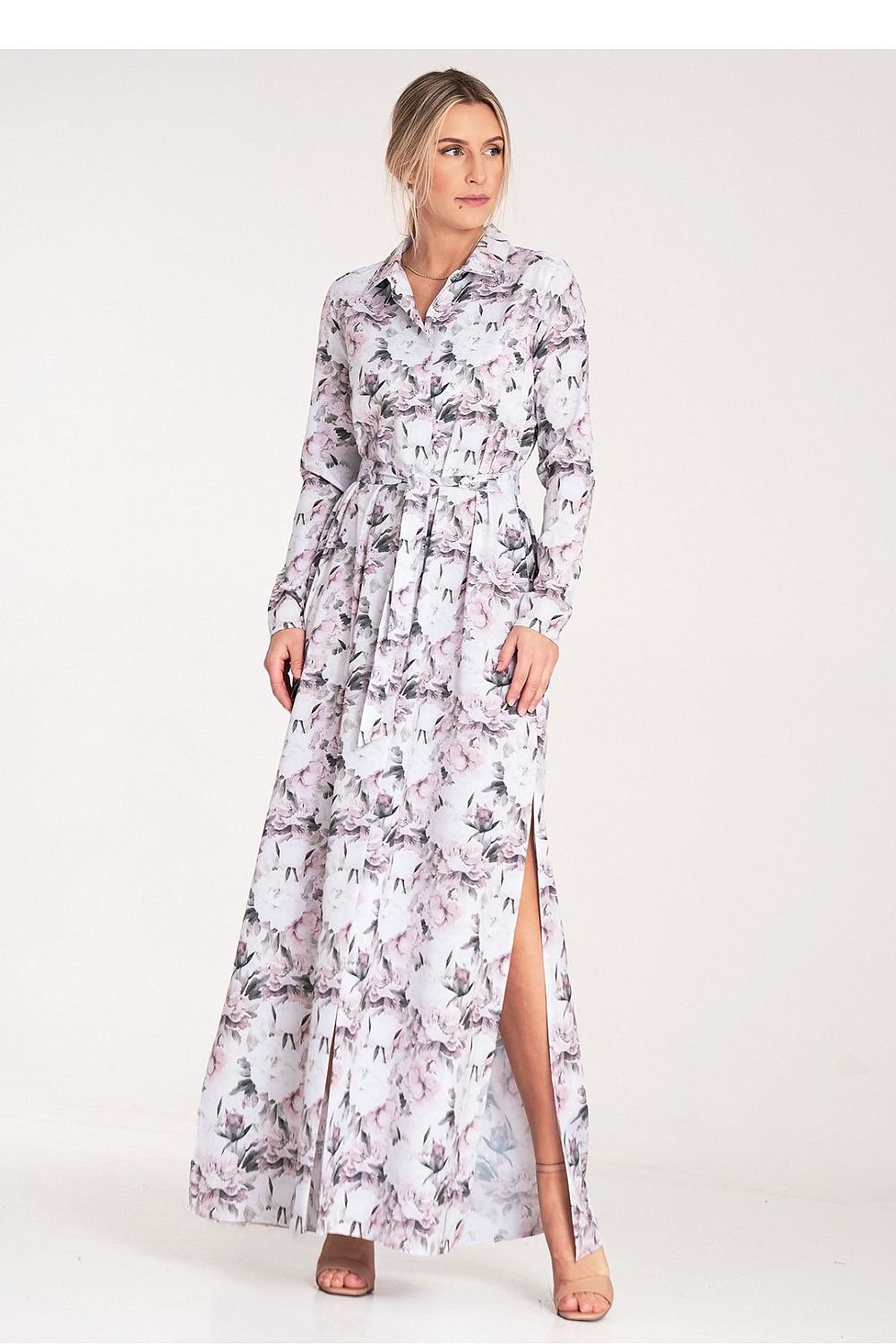 Figl Buttoned Maxi Daydress with Long Sleeves and Narrow Belt