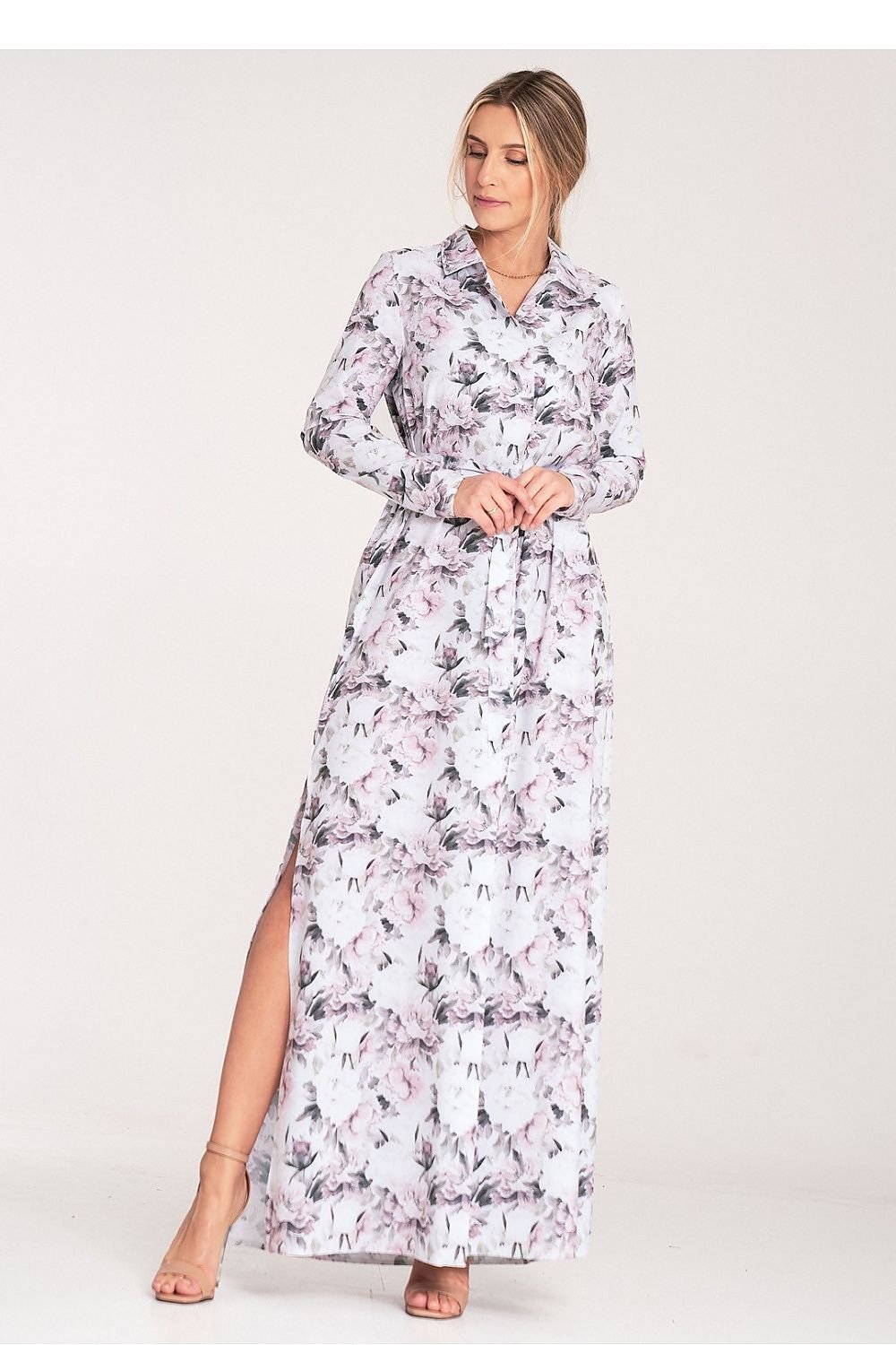 Figl Buttoned Maxi Daydress with Long Sleeves and Narrow Belt