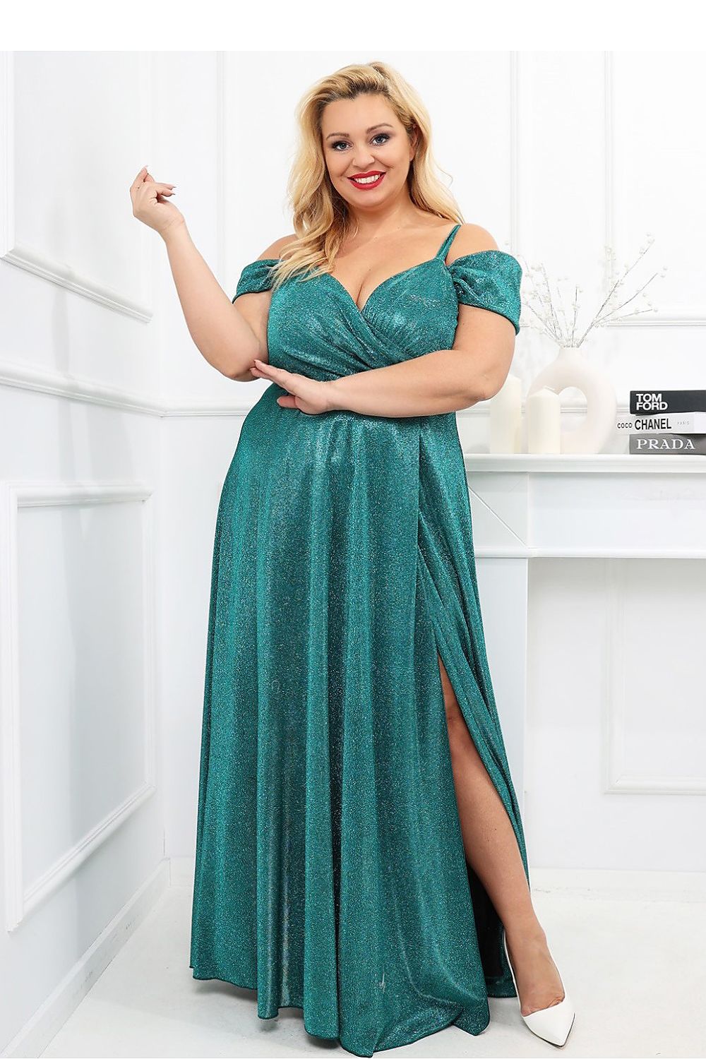 With You Fitted Waist Shimmer Occasion Long Dress Green