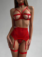 FLAME Red Waist Cinching Mesh 4 Piece Lingerie Set