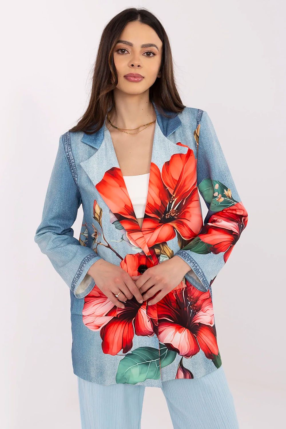 Floral Jacket Italy Moda Denim-Look Blazer blue one-size-fits-all