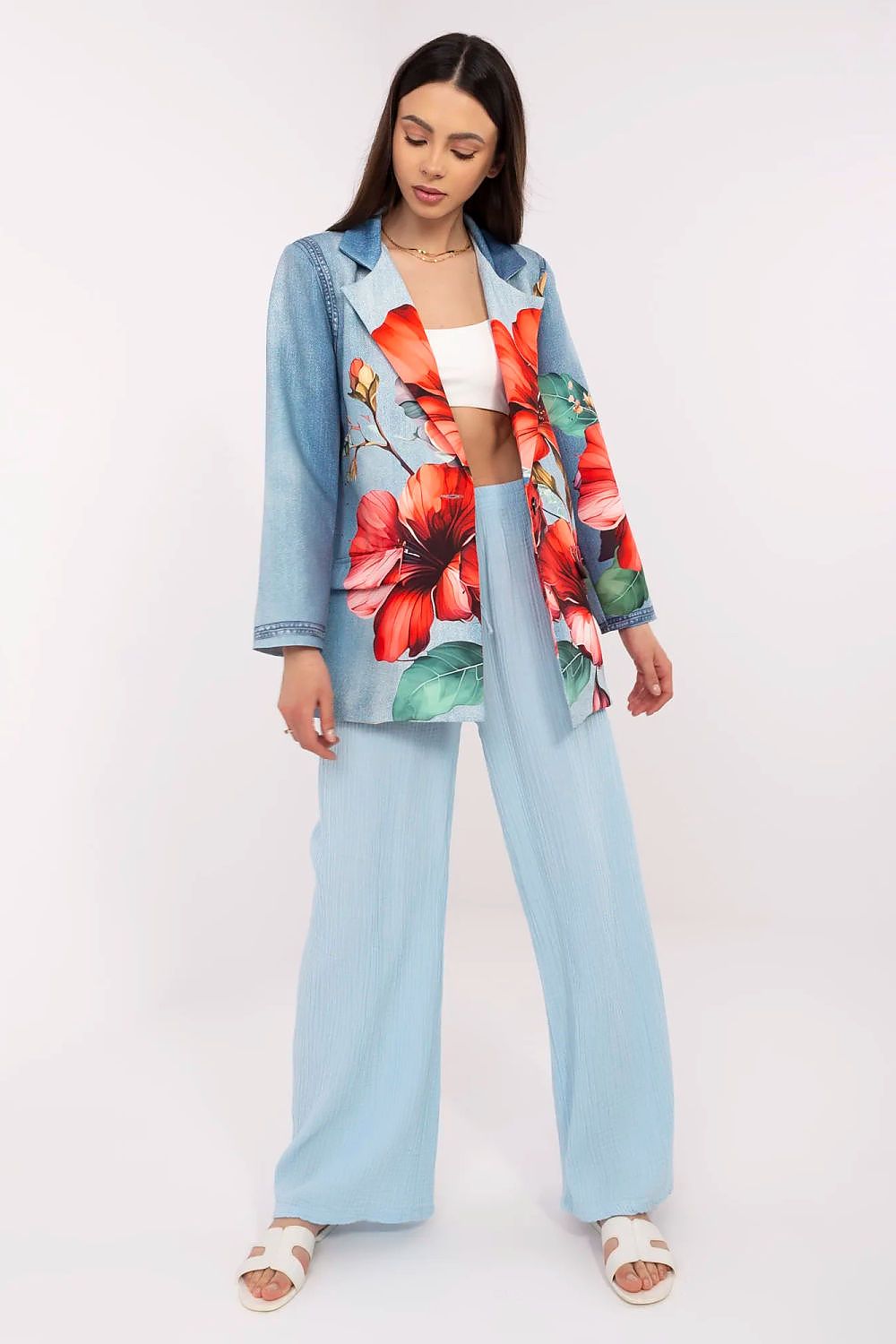 Floral Jacket Italy Moda Denim-Look Blazer
