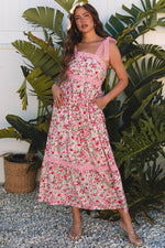 Floral Lace Tied Strap Empire Waist Maxi Dress Pink 80%Viscose+20%Polyamide
