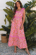 Floral Lace Tied Strap Empire Waist Maxi Dress Rose 80%Viscose+20%Polyamide