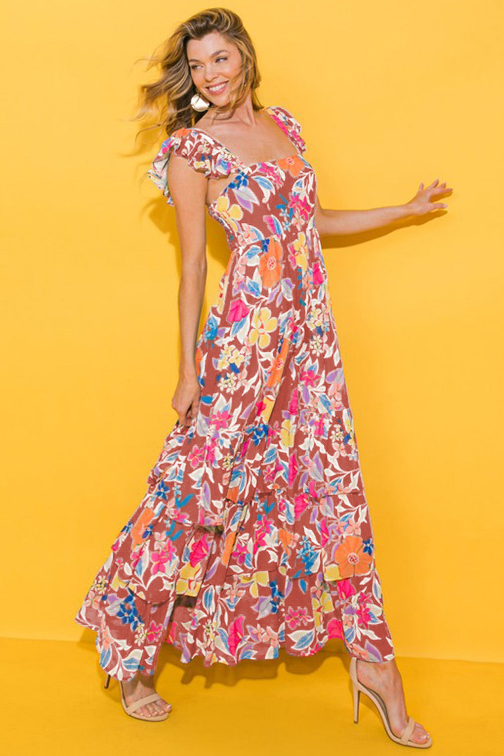 Floral Print Sleeveless Ruffle Tiered Maxi Dress