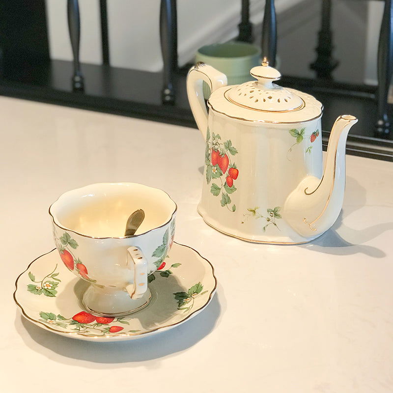 French Retro Luxury Floral Afternoon Tea Porcelain Teapot, Cup & Saucer Set